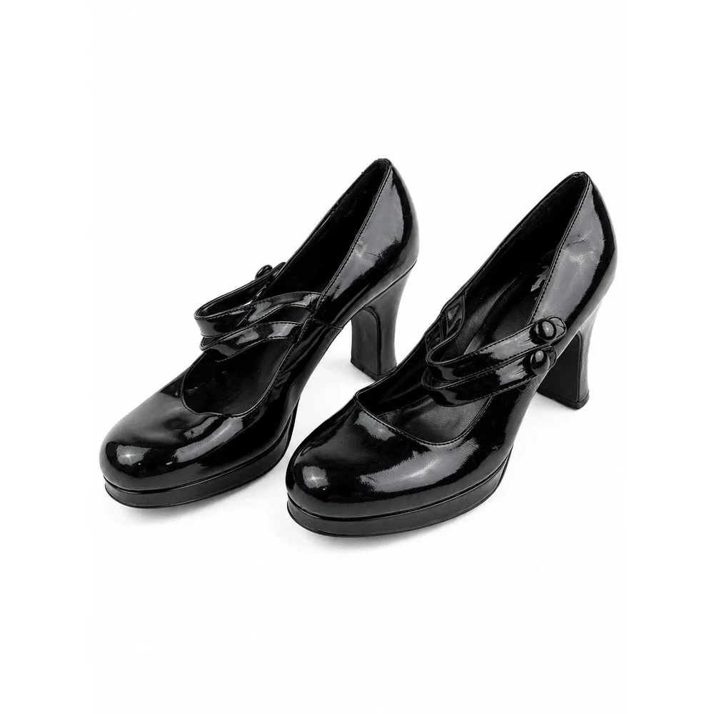 Vintage Y2K Black Patent Leather Mary Jane Platform Chunky Heels Women's Size 10